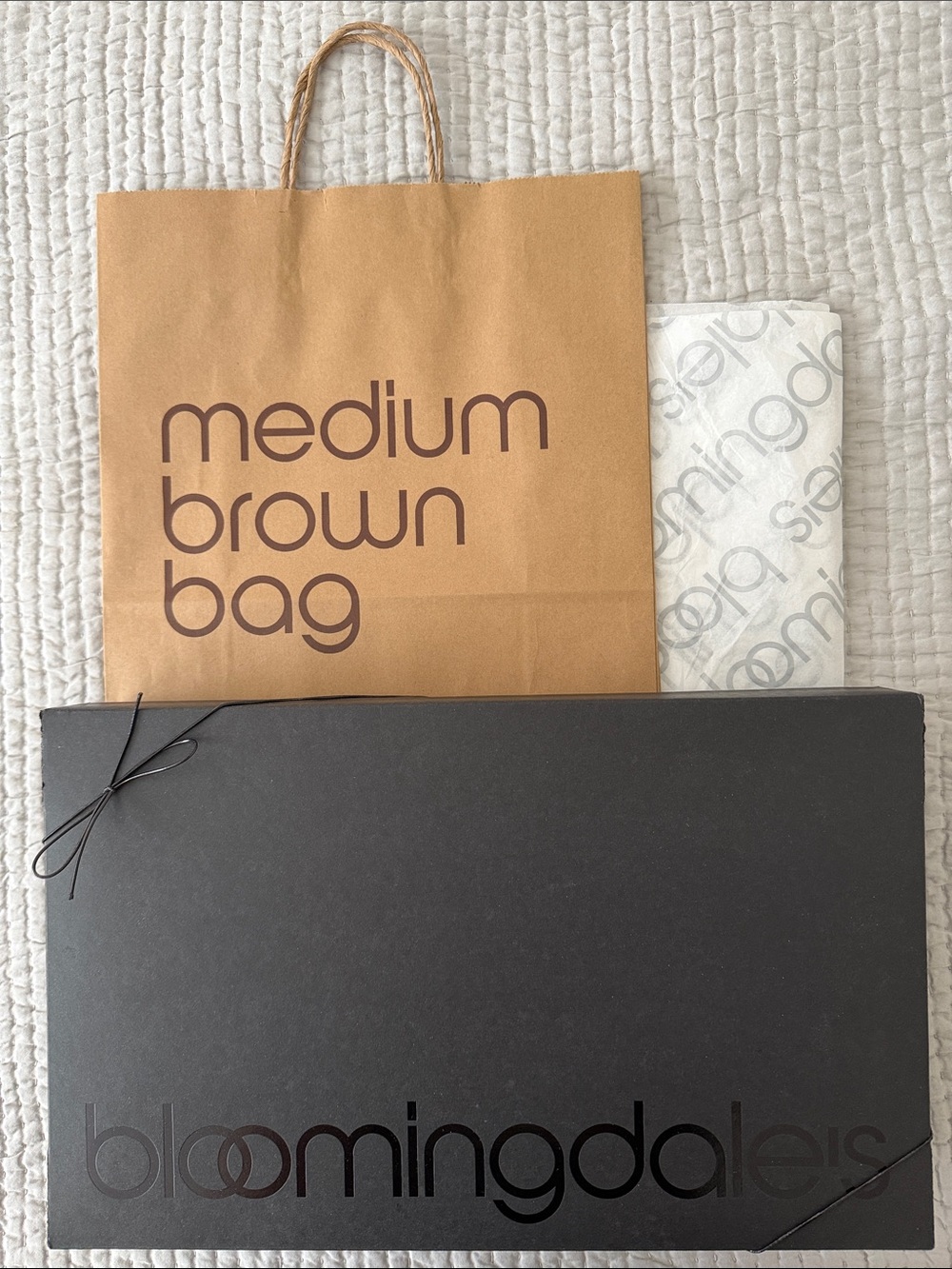 Bloomingdale's Medium Brown Bag, Black Gift Box 17.5”x11”, tissue paper